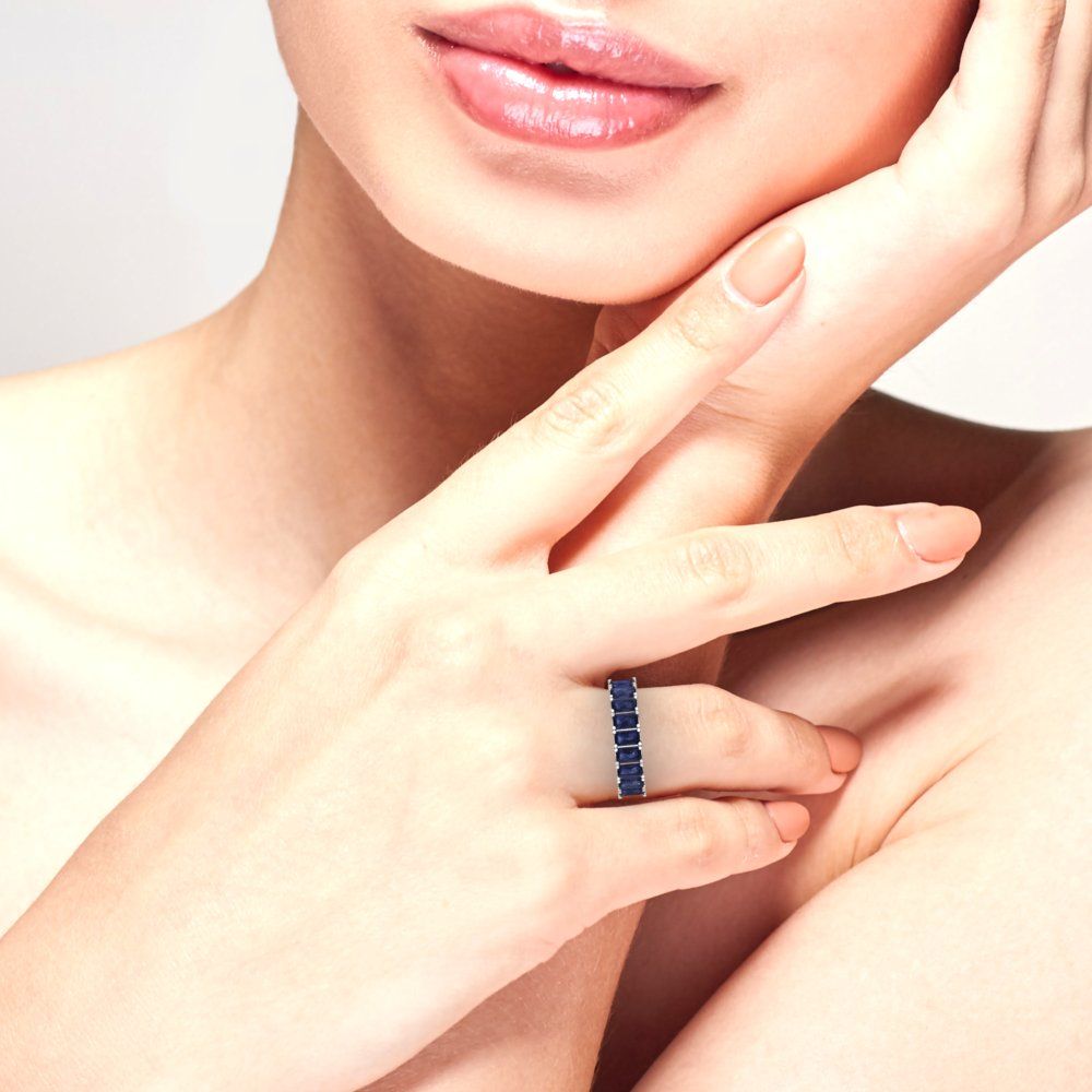 2.61 cttw Simulated Blue Sapphire Emerald Cut White Gold Eternity Wedding Band