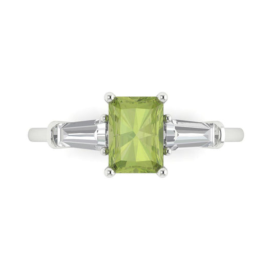 1.5 cttw Natural Peridot Three-Stone Engagement Ring - Solid White Gold (VVS1, Emerald Cut,7.0x5.0mm)