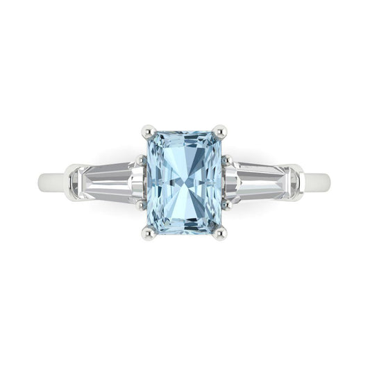 1.5 cttw Natural Swiss Blue Topaz Three-Stone Engagement Ring - Solid White Gold (VVS1, Emerald Cut,7.0x5.0mm)