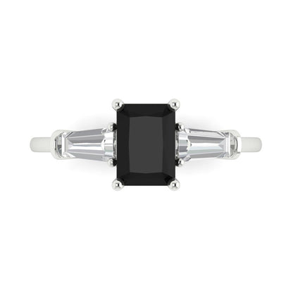 1.5 cttw Natural Onyx Three-Stone Engagement Ring - Solid Gold (Emerald Cut,7.0x5.0mm)