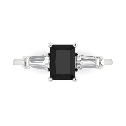 1.5 cttw Natural Onyx Three-Stone Engagement Ring - Solid White Gold (VVS1, Emerald Cut,7.0x5.0mm)