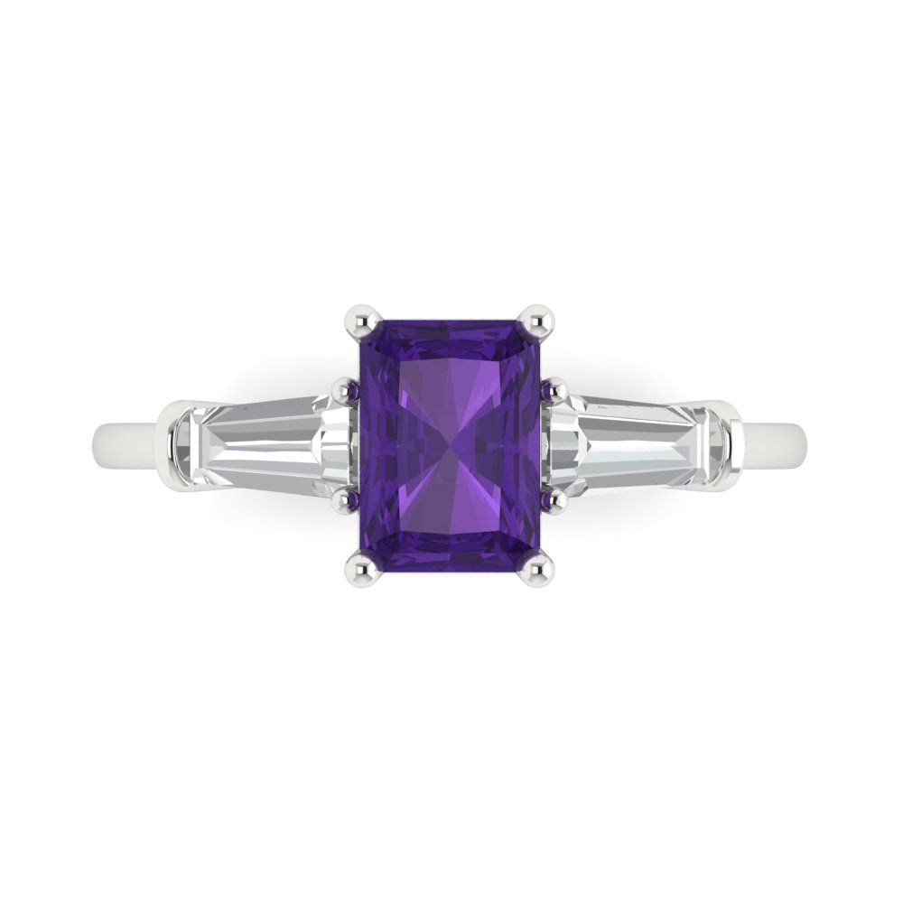 1.5 cttw Natural Amethyst Three-Stone Engagement Ring - Solid Gold (Emerald Cut,7.0x5.0mm)
