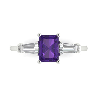 1.5 cttw Natural Amethyst Three-Stone Engagement Ring - Solid Gold (Emerald Cut,7.0x5.0mm)