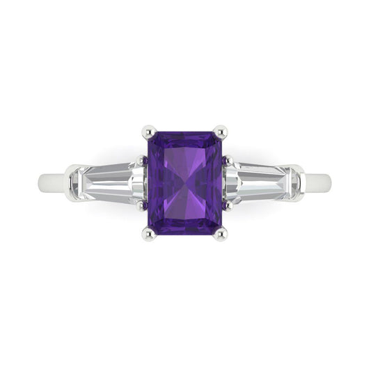 1.5 cttw Natural Amethyst Three-Stone Engagement Ring - Solid White Gold (VVS1, Emerald Cut,7.0x5.0mm)