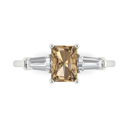 1.5 cttw Zirconia Simulated Champagne Diamond Three-Stone Engagement Ring - Solid White Gold (VVS1, Emerald Cut,7.0x5.0mm)