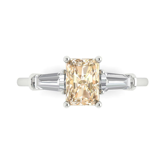 1.5 cttw Natural Morganite Three-Stone Engagement Ring - Solid White Gold (VVS1, Emerald Cut,7.0x5.0mm)
