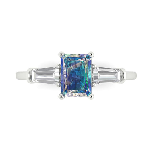 1.5 cttw Blue Moissanite Three-Stone Engagement Ring - Solid White Gold (VVS1, Emerald Cut,7.0x5.0mm)