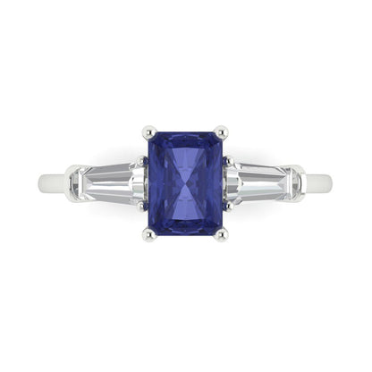 1.5 cttw Simulated Tanzanite Three-Stone Engagement Ring - Solid Gold (Emerald Cut,7.0x5.0mm)