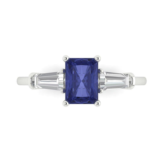 1.5 cttw Simulated Tanzanite Three-Stone Engagement Ring - Solid White Gold (VVS1, Emerald Cut,7.0x5.0mm)