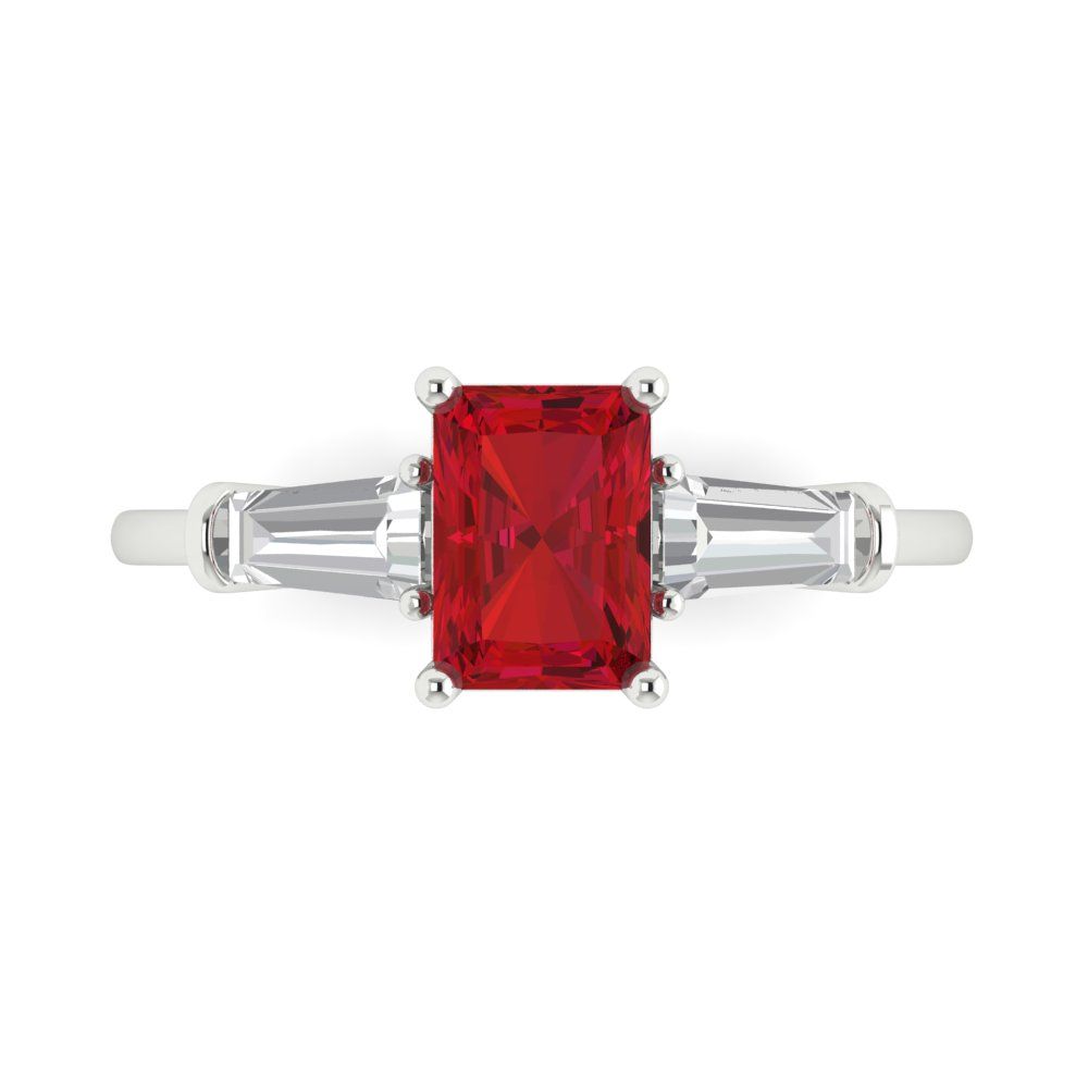 1.5 cttw Simulated Ruby Three-Stone Engagement Ring - Solid White Gold (VVS1, Emerald Cut,7.0x5.0mm)