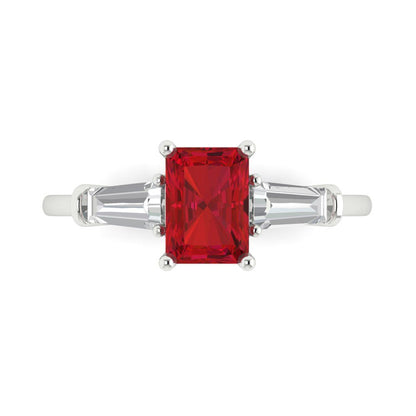 1.5 cttw Simulated Ruby Three-Stone Engagement Ring - Solid White Gold (VVS1, Emerald Cut,7.0x5.0mm)