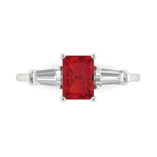1.5 cttw Simulated Pink Tourmaline Three-Stone Engagement Ring - Solid White Gold (VVS1, Emerald Cut,7.0x5.0mm)