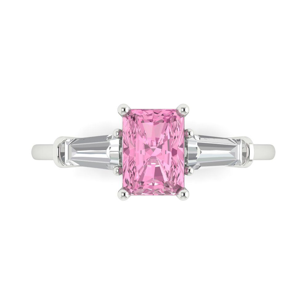 1.5 cttw Zirconia Simulated Pink Diamond Three-Stone Engagement Ring - Solid White Gold (VVS1, Emerald Cut,7.0x5.0mm)
