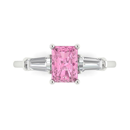 1.5 cttw Zirconia Simulated Pink Diamond Three-Stone Engagement Ring - Solid White Gold (VVS1, Emerald Cut,7.0x5.0mm)