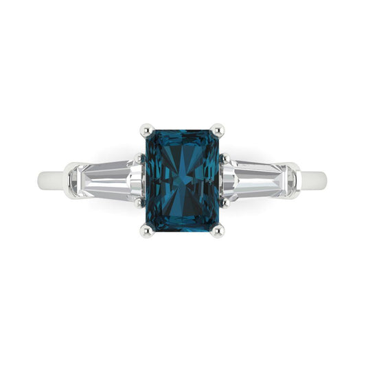 1.5 cttw Natural London Blue Topaz Three-Stone Engagement Ring - Solid White Gold (VVS1, Emerald Cut,7.0x5.0mm)