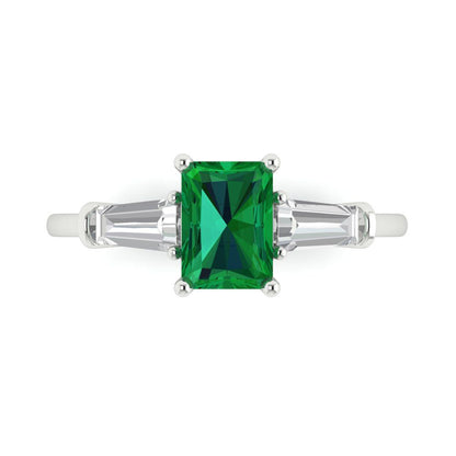 1.5 cttw Simulated Emerald Three-Stone Engagement Ring - Solid Gold (Emerald Cut,7.0x5.0mm)