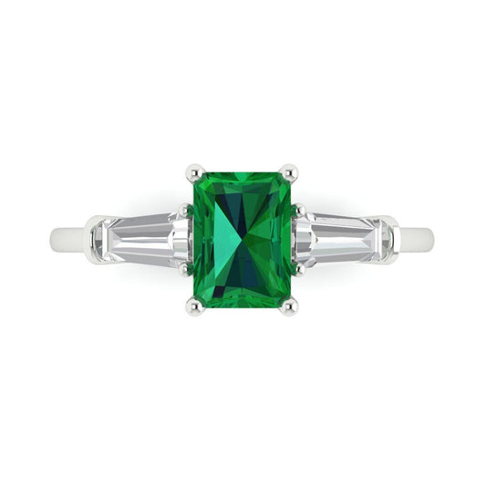 1.5 cttw Simulated Emerald Three-Stone Engagement Ring - Solid White Gold (VVS1, Emerald Cut,7.0x5.0mm)