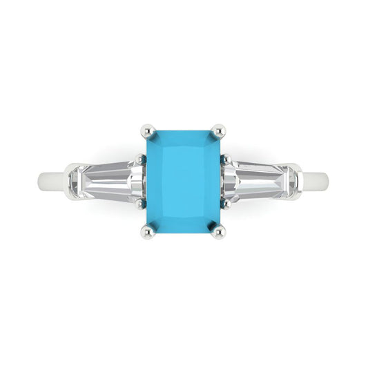 1.5 cttw Simulated Turquoise Three-Stone Engagement Ring - Solid White Gold (VVS1, Emerald Cut,7.0x5.0mm)