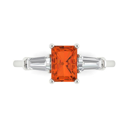 1.5 cttw Zirconia Simulated Red Diamond Three-Stone Engagement Ring - Solid Gold (VVS1, Emerald Cut,7.0x5.0mm)