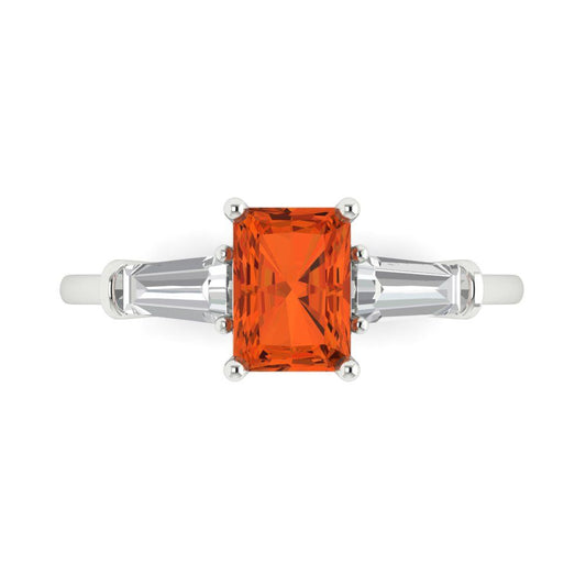 1.5 cttw Zirconia Simulated Red Diamond Three-Stone Engagement Ring - Solid White Gold (VVS1, Emerald Cut,7.0x5.0mm)