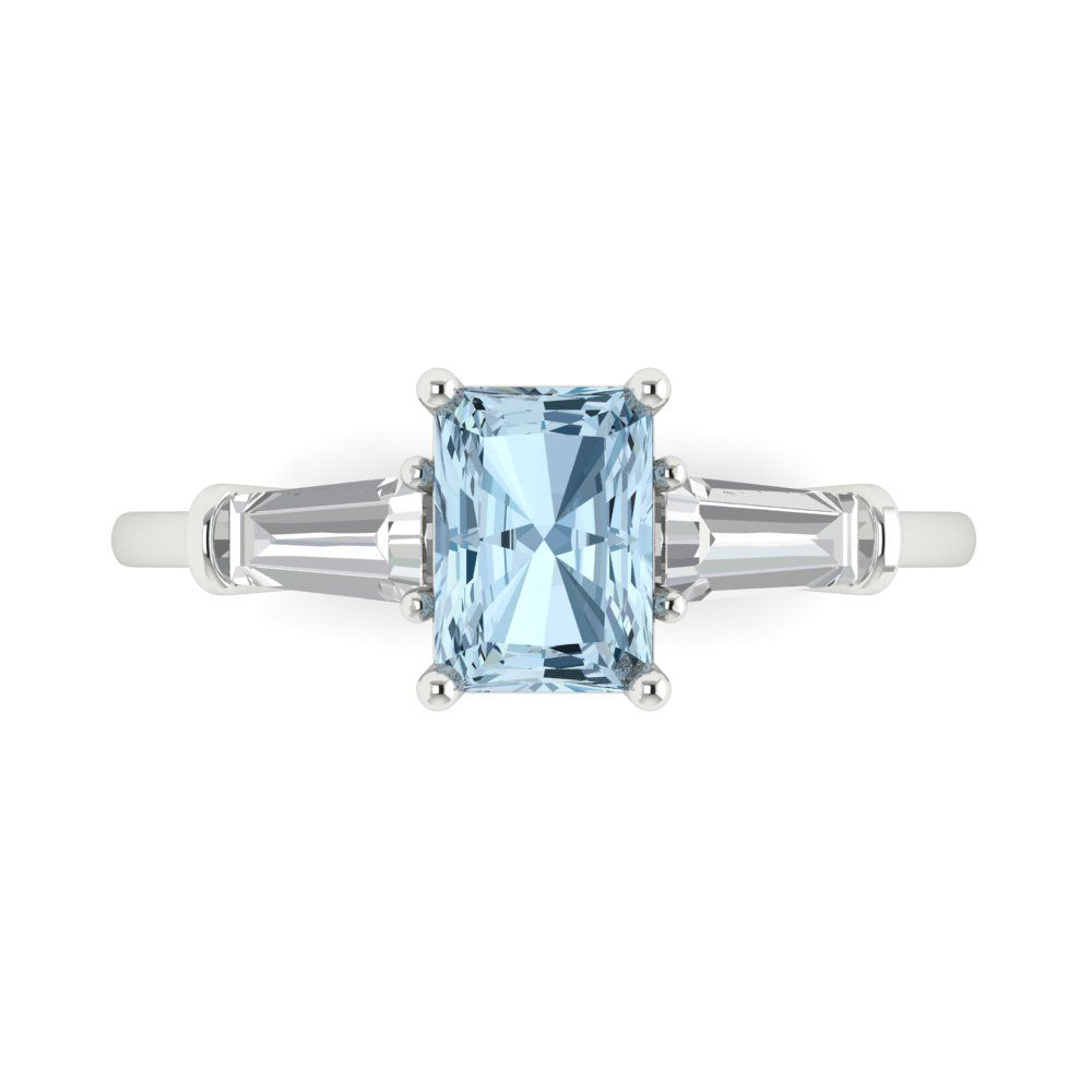 1.5 cttw Zirconia Simulated Blue Diamond Three-Stone Engagement Ring - Solid White Gold (VVS1, Emerald Cut,7.0x5.0mm)