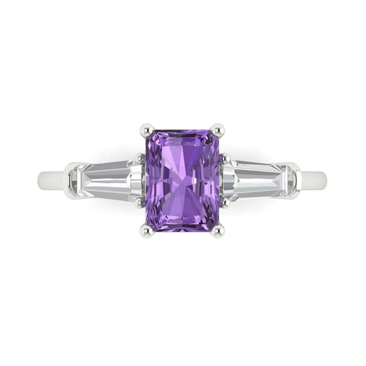 1.5 cttw Simulated Alexandrite Three-Stone Engagement Ring - Solid White Gold (VVS1, Emerald Cut,7.0x5.0mm)