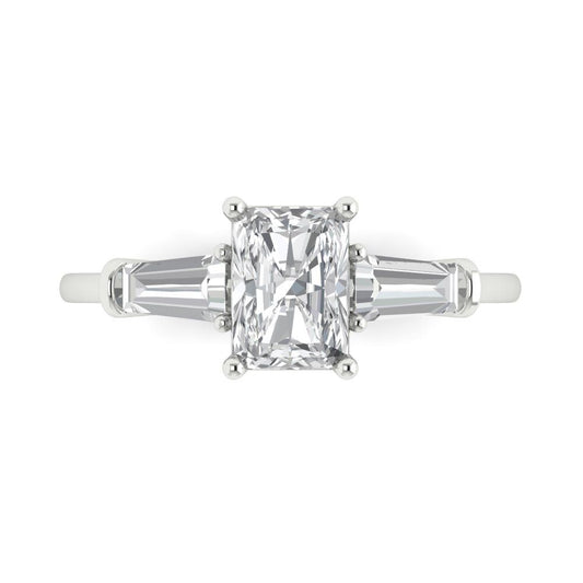 1.5 cttw White Sapphire Three-Stone Engagement Ring - Solid White Gold (VVS1, Emerald Cut,7.0x5.0mm)