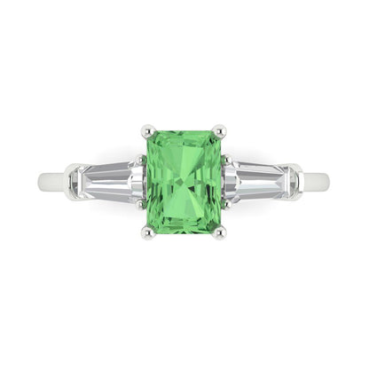 1.5 cttw Zirconia Simulated Green Diamond Three-Stone Engagement Ring - Solid Gold (VVS1, Emerald Cut,7.0x5.0mm)