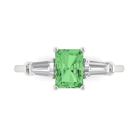 1.5 cttw Zirconia Simulated Green Diamond Three-Stone Engagement Ring - Solid White Gold (VVS1, Emerald Cut,7.0x5.0mm)