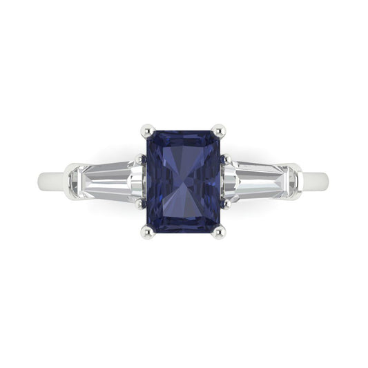 1.5 cttw Simulated Blue Sapphire Three-Stone Engagement Ring - Solid White Gold (VVS1, Emerald Cut,7.0x5.0mm)