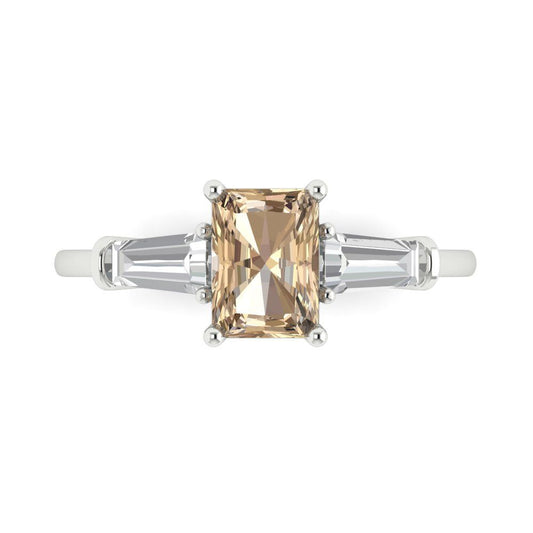 1.5 cttw Yellow Moissanite Three-Stone Engagement Ring - Solid White Gold (VVS1, Emerald Cut,7.0x5.0mm)