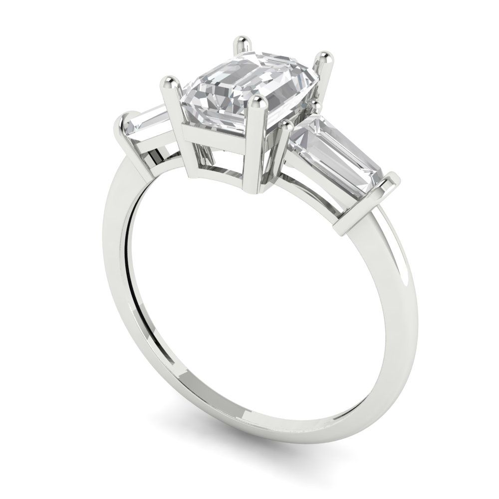 1.5 cttw Zirconia Simulated Diamond Three-Stone Engagement Ring - Solid Gold (VVS1, Emerald Cut,7.0x5.0mm)