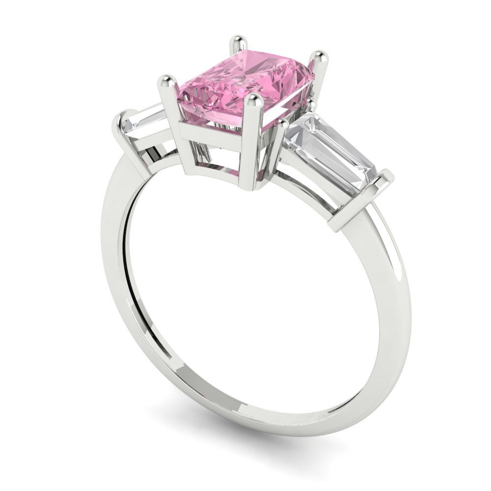 1.5 cttw Zirconia Simulated Pink Diamond Three-Stone Engagement Ring - Solid White Gold (VVS1, Emerald Cut,7.0x5.0mm)