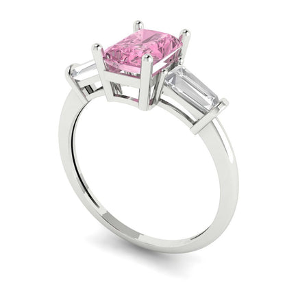 1.5 cttw Zirconia Simulated Pink Diamond Three-Stone Engagement Ring - Solid White Gold (VVS1, Emerald Cut,7.0x5.0mm)