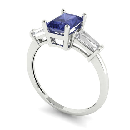 1.5 cttw Simulated Tanzanite Three-Stone Engagement Ring - Solid Gold (Emerald Cut,7.0x5.0mm)
