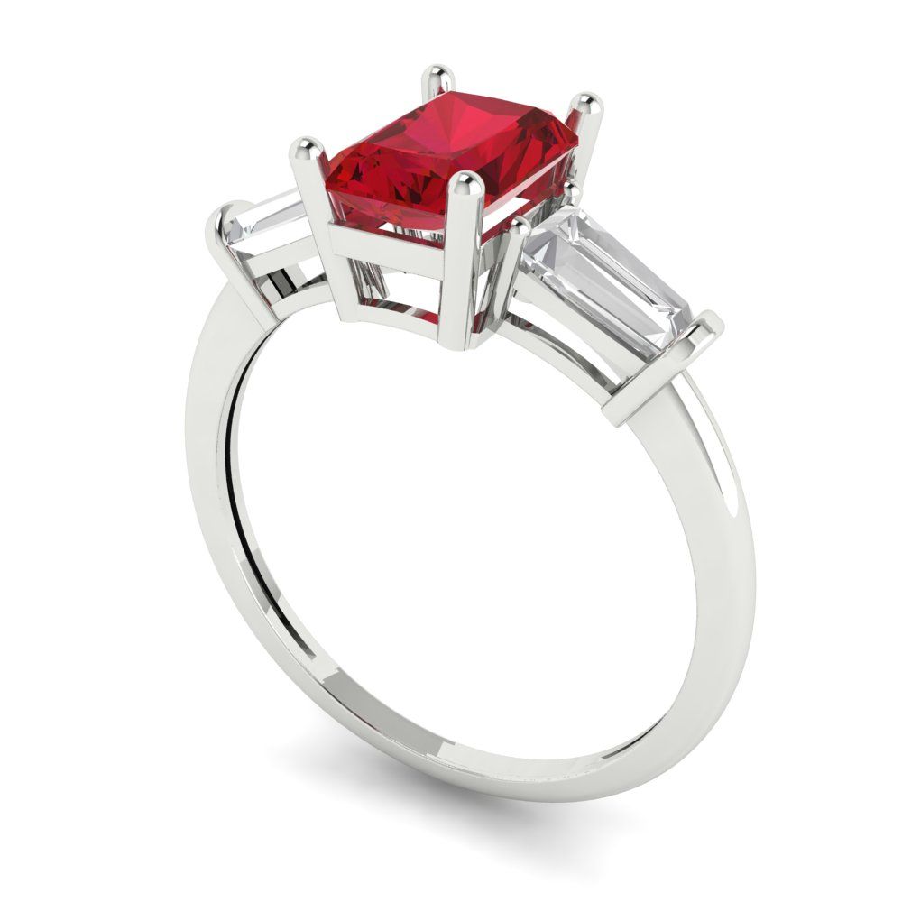 1.5 cttw Simulated Ruby Three-Stone Engagement Ring - Solid White Gold (VVS1, Emerald Cut,7.0x5.0mm)