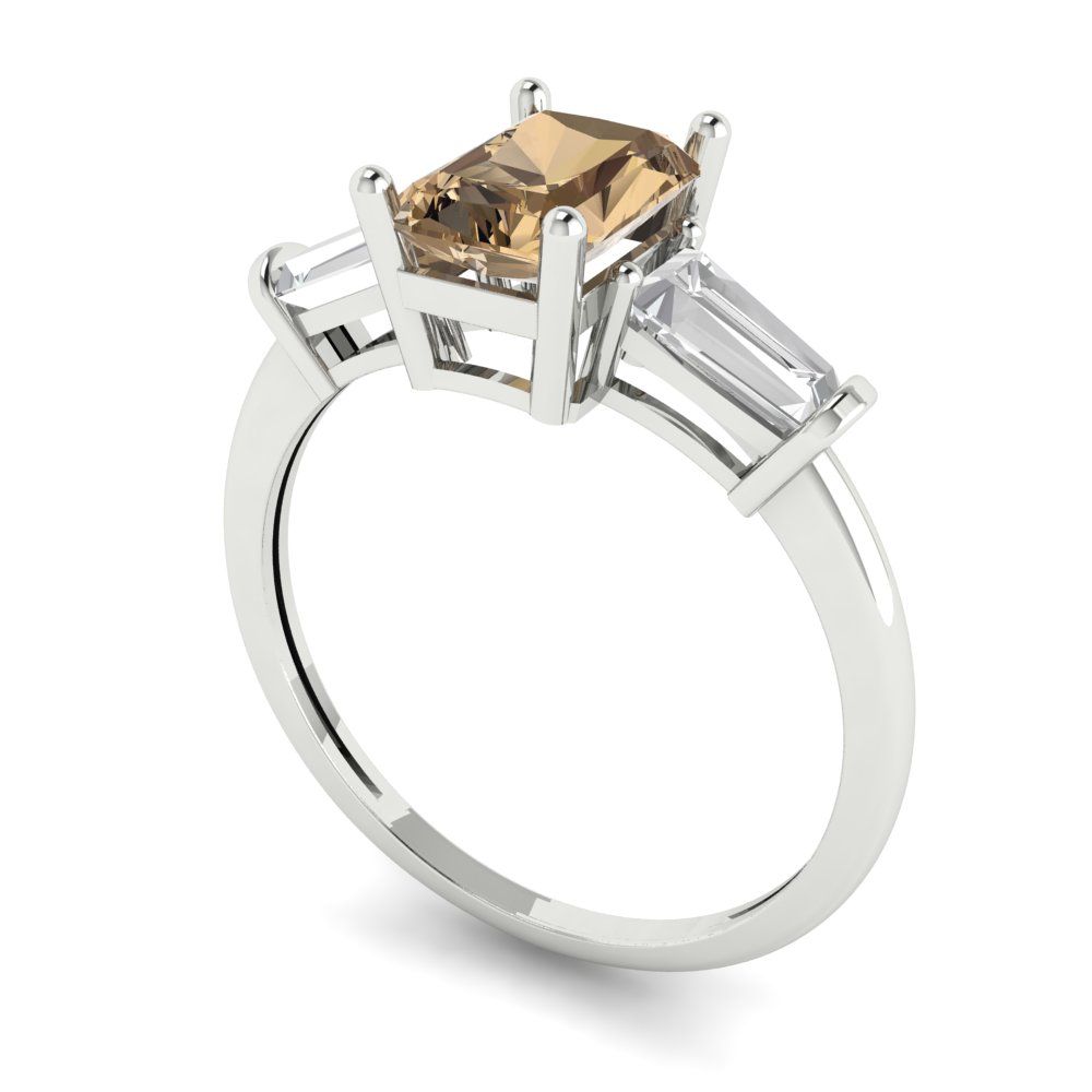 1.5 cttw Zirconia Simulated Champagne Diamond Three-Stone Engagement Ring - Solid White Gold (VVS1, Emerald Cut,7.0x5.0mm)