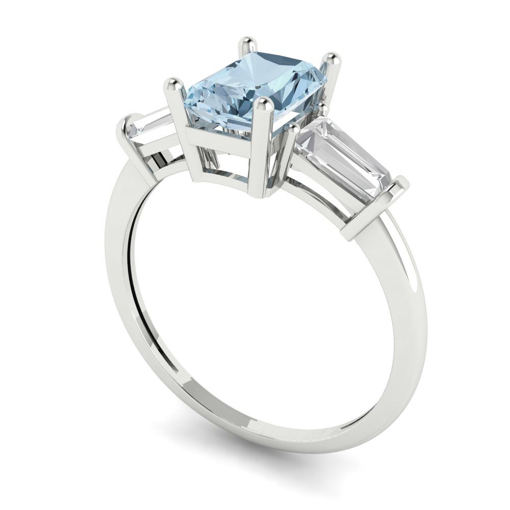 1.5 cttw Zirconia Simulated Blue Diamond Three-Stone Engagement Ring - Solid White Gold (VVS1, Emerald Cut,7.0x5.0mm)