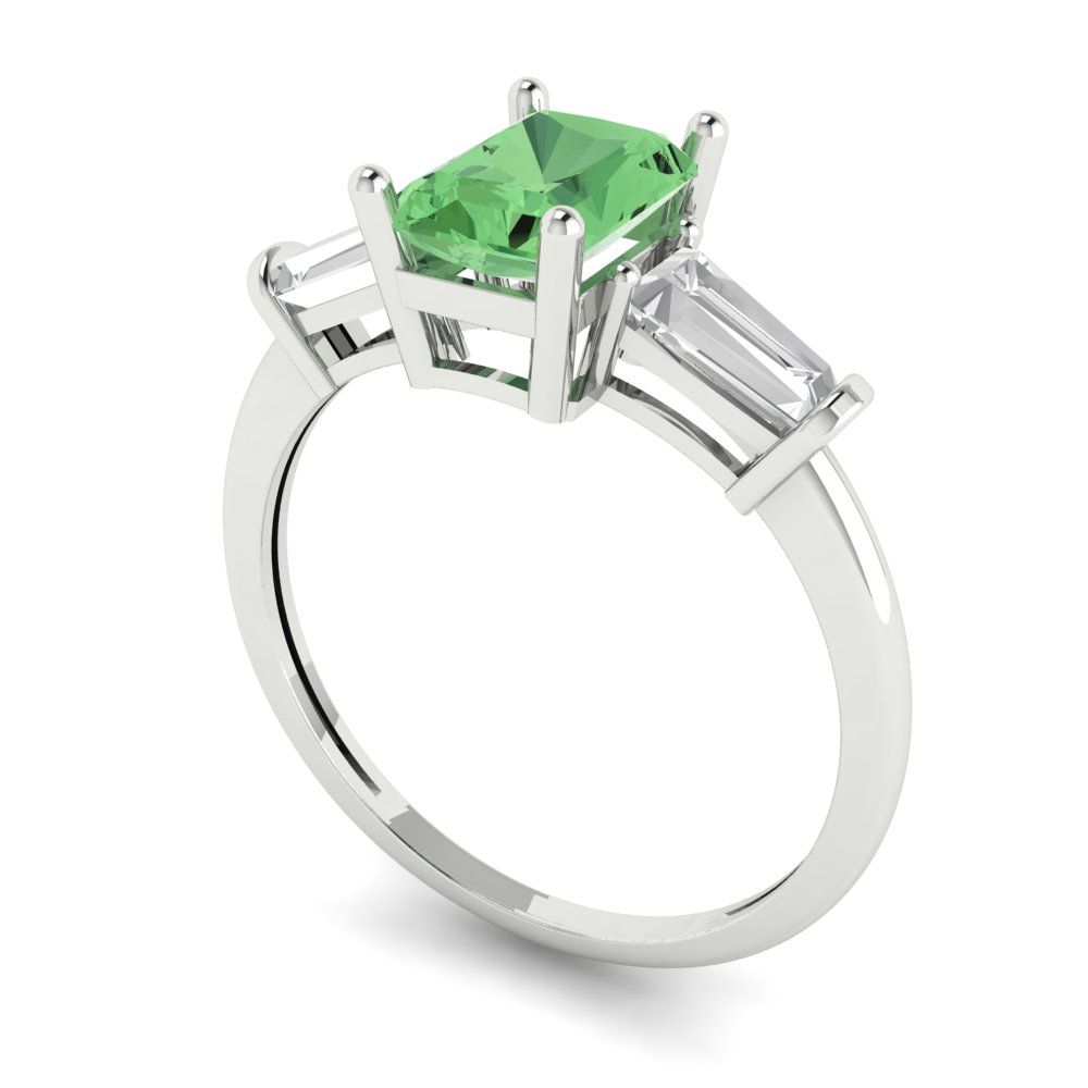1.5 cttw Zirconia Simulated Green Diamond Three-Stone Engagement Ring - Solid Gold (VVS1, Emerald Cut,7.0x5.0mm)