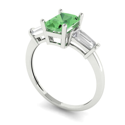 1.5 cttw Zirconia Simulated Green Diamond Three-Stone Engagement Ring - Solid Gold (VVS1, Emerald Cut,7.0x5.0mm)
