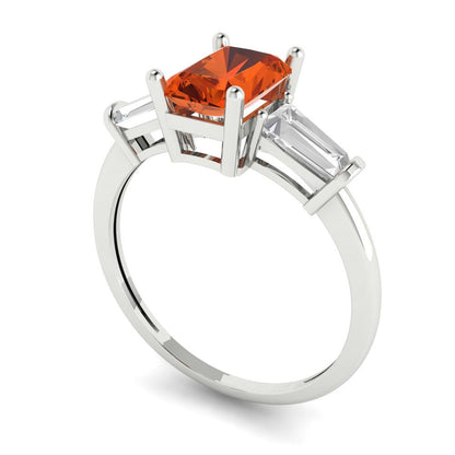 1.5 cttw Zirconia Simulated Red Diamond Three-Stone Engagement Ring - Solid Gold (VVS1, Emerald Cut,7.0x5.0mm)