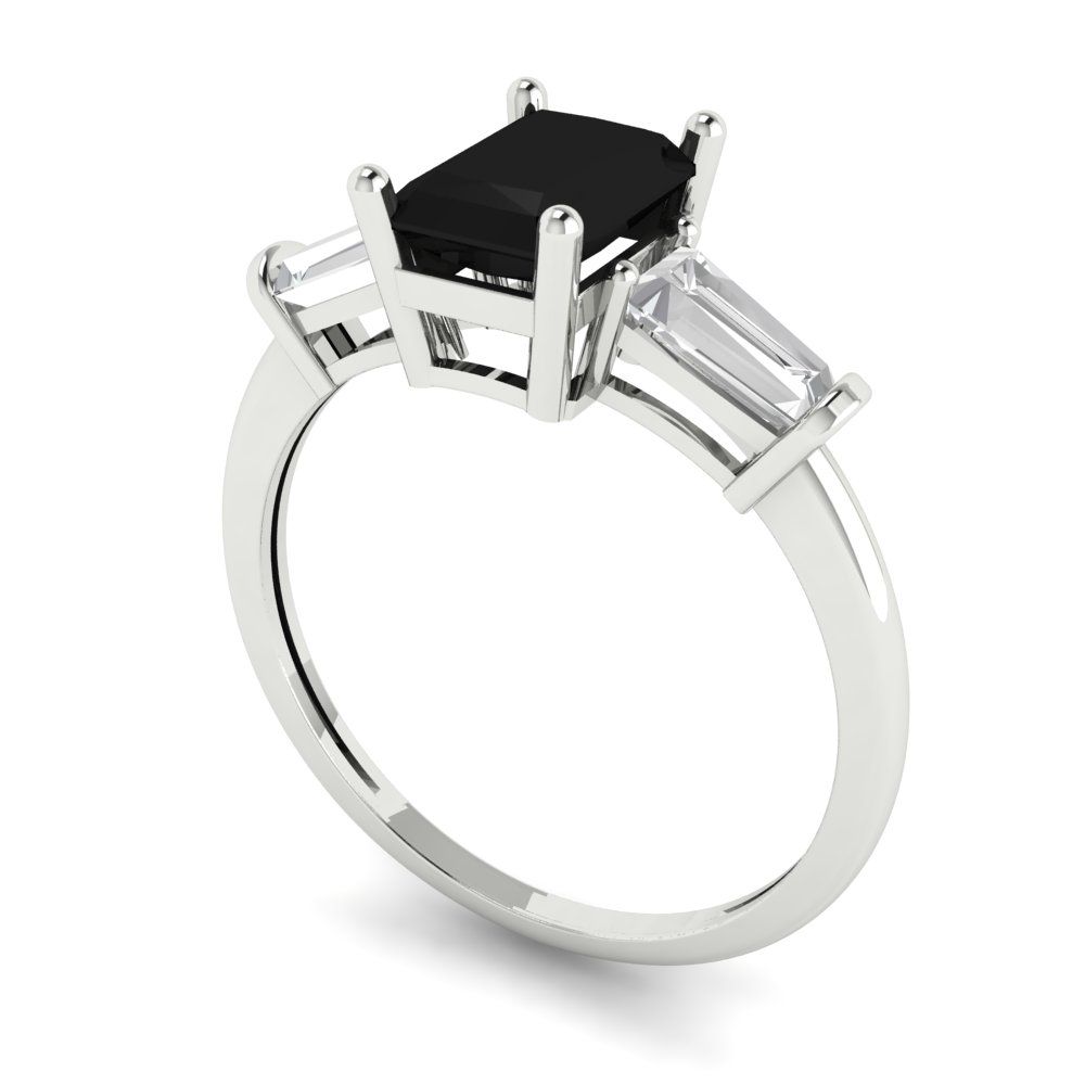 1.5 cttw Natural Onyx Three-Stone Engagement Ring - Solid Gold (Emerald Cut,7.0x5.0mm)