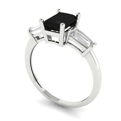 1.5 cttw Natural Onyx Three-Stone Engagement Ring - Solid Gold (Emerald Cut,7.0x5.0mm)