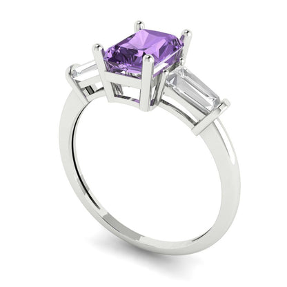 1.5 cttw Simulated Alexandrite Three-Stone Engagement Ring - Solid Gold (Emerald Cut,7.0x5.0mm)