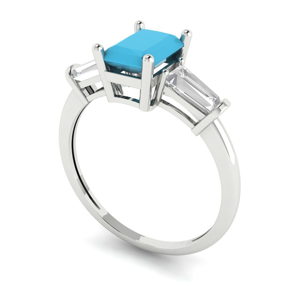 1.5 cttw Simulated Turquoise Three-Stone Engagement Ring - Solid Gold (Emerald Cut,7.0x5.0mm)