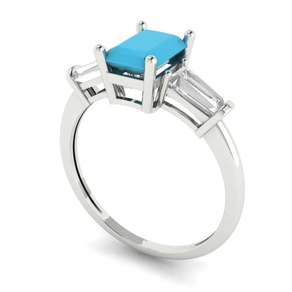1.5 cttw Simulated Turquoise Three-Stone Engagement Ring - Solid Gold (Emerald Cut,7.0x5.0mm)