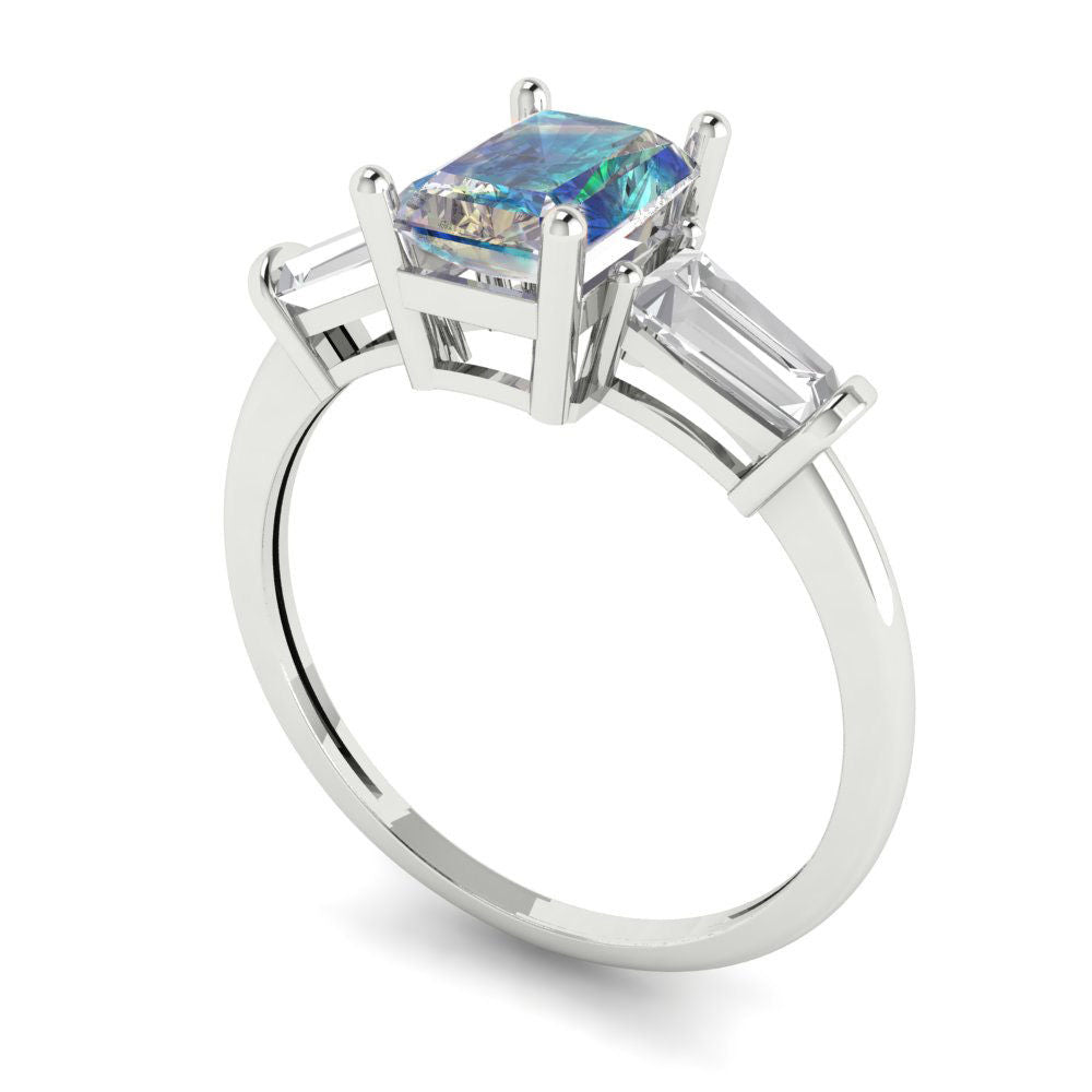 1.5 cttw Blue Moissanite Three-Stone Engagement Ring - Solid Gold (Emerald Cut,7.0x5.0mm)