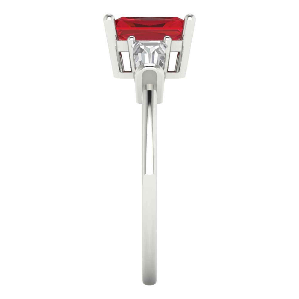 1.5 cttw Simulated Ruby Three-Stone Engagement Ring - Solid White Gold (VVS1, Emerald Cut,7.0x5.0mm)