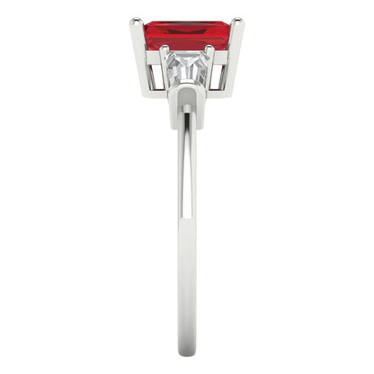 1.5 cttw Simulated Ruby Three-Stone Engagement Ring - Solid White Gold (VVS1, Emerald Cut,7.0x5.0mm)
