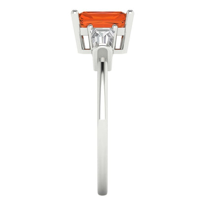 1.5 cttw Zirconia Simulated Red Diamond Three-Stone Engagement Ring - Solid Gold (VVS1, Emerald Cut,7.0x5.0mm)